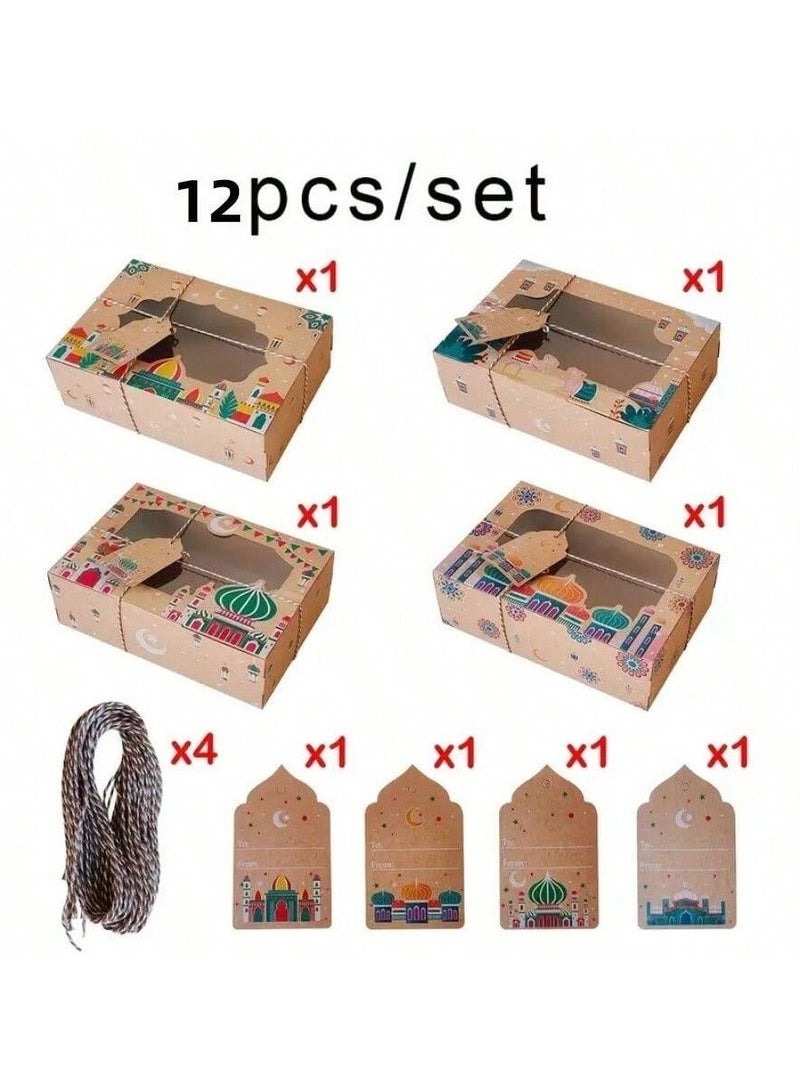 Eid & Ramadan Party Favors 4 Gift Boxes + 4 Greeting Cards + 4 Decorative Wrapping Strings, Ramadan Design with Clear Window, Hanging Tags & Tying String, Perfect for Candy Gifts and Adding a Beautiful Touch to Party Decoration, Eid Decor, Event Supplies & Table Setup - Image 3